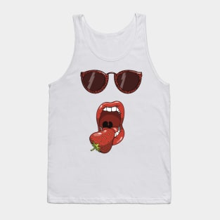 Mouth about to eat a delicious red strawberry while wearing matching red leopard print sun glasses. Tank Top